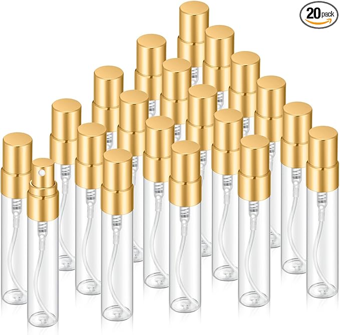 20Pcs 5ml Empty Clear Glass Mist Spray Bottle Refillable Mini Perfume Atomizer Travel Sample Bottle with Golden Aluminized Nozzle Makeup Container for Perfume (5ml Gold Caps)