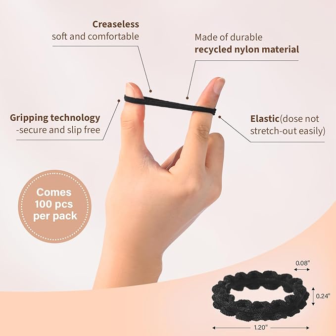 Youxuan Black Small Elastic Hair Ties, Soft, Stretchy, and Non-Damage Hair Bands, 100 Pcs Strong, Durable Mini Rubber Bands for Toddlers, Girls and Women
