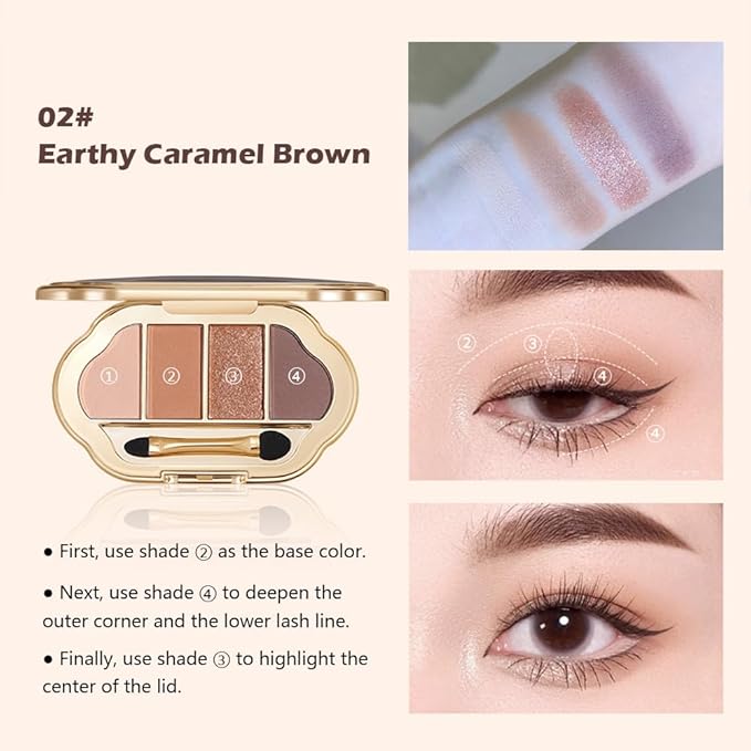 Nude Eyeshadow Palette 4 Colors, Caramel Brown Neutral Matte Glitter Eye Shadow Quad, High Pigment Long-Wear Non-Fallout Texture, Easy-Blend Daily Makeup Palette for Office & Natural Looks, 2#