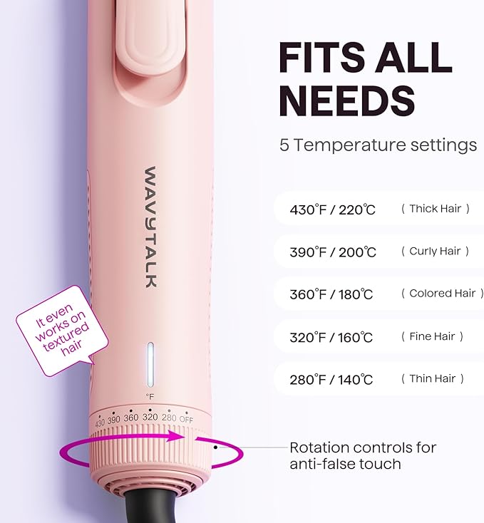 Wavytalk Airflow Styler Curling Iron, Cool Curl, 360° Cool Air Lock in Style for Lasting Curls, Reduces Damage, 2 in 1Hair Straightener and Curler, 1.25 Inch, Anti-Scald for Short Long Hair, Pink
