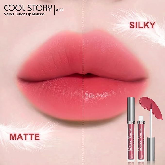 COOL STORY Velvet Lip Stain Mousse, Lip Tint Long-Lasting Waterproof Matte Finish (02)