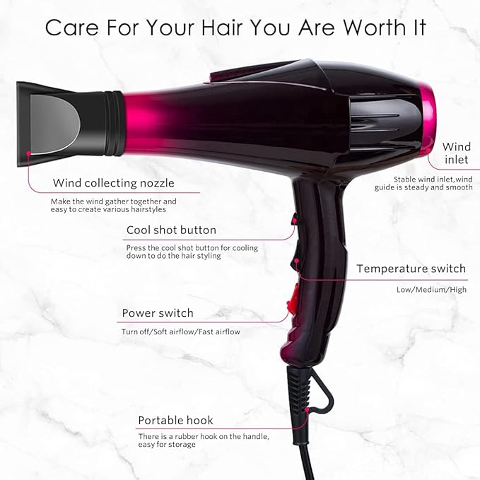 Hair Dryer, 3500 Watt Professional Salon Ionic Blow Dryer with AC Motor, 3 Heat Settings, 2 Speeds, Cool Shot Button, Tourmaline Ceramic, Concentrator & Diffuser Attachments, 110V (Purple)