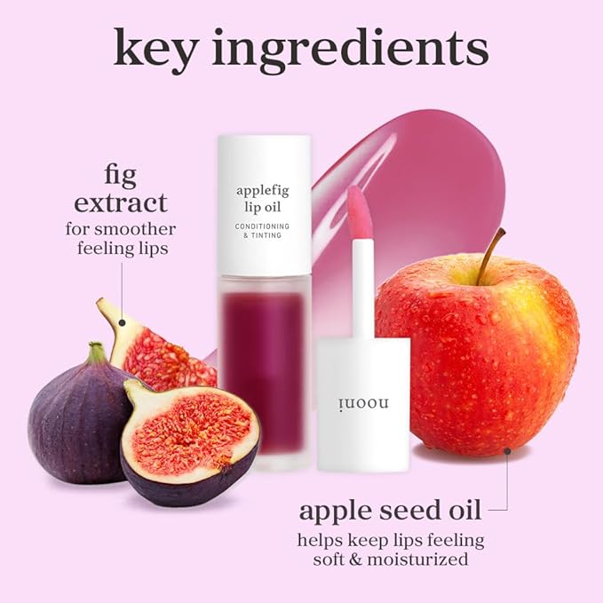 NOONI Korean Lip Oil Set - Appleberry & Applefig | Long-Lasting, Moisturizing, Plumping, Revitalizing for Dry Lips, Waterproof, No Peel Off, Stocking Stuffers, lip plumper 0.12 FL Oz x 2ea