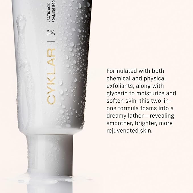 Cyklar Lactic Acid Foaming Body Polish – Exfoliating Body Wash & Cleanser – Features AHAs & Volcanic Pumice Exfoliators – Includes Glycerin for Hydration – Fragrance-Free, 11 fl oz