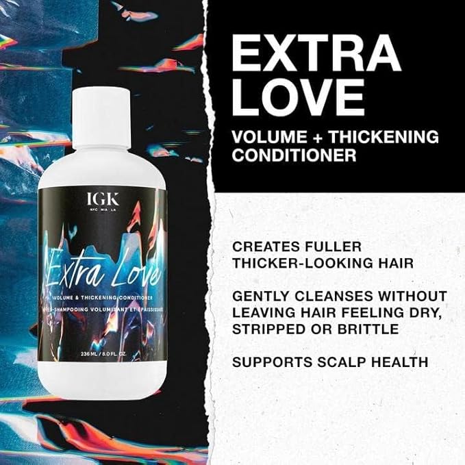 IGK EXTRA LOVE Volume & Thickening Shampoo and Conditioner Set | Lightweight + Supports Scalp + Balance Oil | Vegan + Cruelty Free | 8 Oz