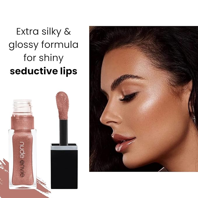 nude envie Lip Gloss - Certified Vegan Lipgloss Cruelty-Free and Paraben Free - Enriched Peptides, Vitamin E and Jojoba Oil (Peaceful)