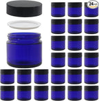 24 Pack 2 oz Round Blue Glass Cosmetic Jars with Inner Liners and Black Lids, Travel Jars, Refillable Containers for Makeup, Cream, Lotion, Sugar Scrubs, Eye Shadow, Slime, Paint, Jewelry