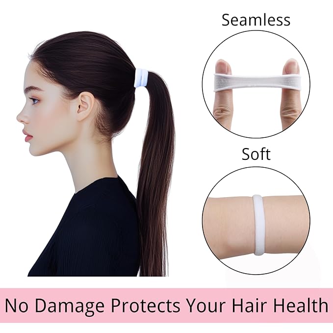 LuSeren 120 Pcs No Damage Hair Ties for Thick Hair, Large Soft Seamless Nylon Hair Elastics for Women, Ponytail Holders Accessories –White