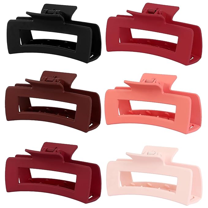 4 Inch Big Hair Claw Clips 6 Pcs Large Claw for Thick Hair Square Hair Clips for Women Rectangle Hair Clips Nonslip Acrylic Banana Jaw Clips Hair Accessories for Girls (Red)