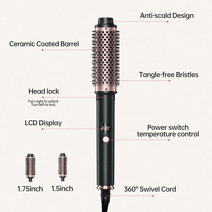 2in1 Negative Ion Thermal Brush -Heated Round Brush, Curling Iron 1 1/2 Inch& Curling Iron 1 3/4 Inch, 5 Temperature Settings,Dual Voltage