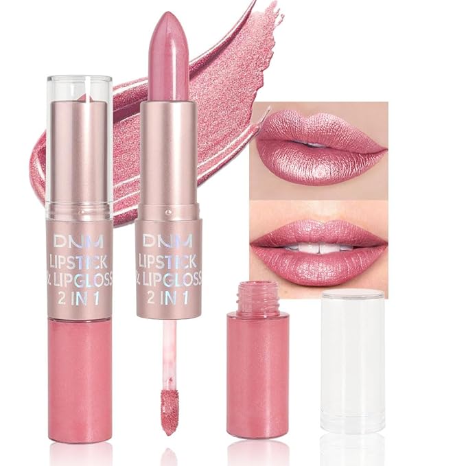evpct 2 in 1 Light Pink Glitter Metallic Shimmer Diamond Lipstick and Lip Gloss Set for Women Long Lasting Waterproof, Bright Rose Pink Sparkle Glitter Shiny Lipstick and Lip Liner Makeup set, 01#