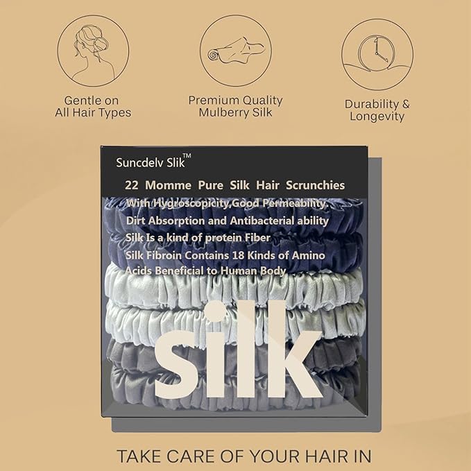 Suncdelv Silk,100% Silk Scrunchies for Hair,22 Momme Hair Ties for Anti-Crease & Breakage,Natural Women Hair Accessories，Fashion Hairbands 6PCS(Navy Blue, Silver Gray, Dark Gray)