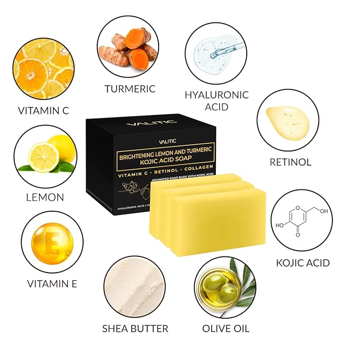 VALITIC Brightening Lemon & Turmeric Kojic Acid Soap with Vitamin C, Retinol, Collagen - Original Japanese Complex Infused with Hyaluronic Acid, Vitamin E, Shea Butter, Castile Olive Oil (3 Pack)