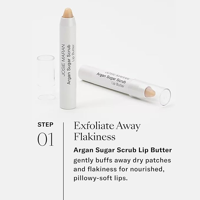 Josie Maran Lip Exfoliator Scrub & Plumping Lip Gloss - Argan Sugar Scrub Lip Butter in Crystal Clear & Hyaluronic Lip Booster in Happy - Buff Away Dry Skin for Soft Lips (2 Piece Lip Care Kit)