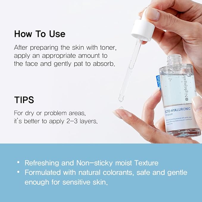 Nightingale Ecto-Hyaluronic Ampoule with 8 layer Hyaluronic Acid, Ectoin, Hyaluronic acid Serum For Dry Skin, Fragrance Free, Hypoallergenic, Allergen Free, Cruelty Free, Vegan, Korean Skin Care