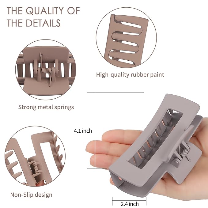 4 Inch Big Hair Claw Clips 6 Pcs Large Claw for Thick Hair Square Hair Clips for Women Rectangle Hair Clips Nonslip Acrylic Banana Jaw Clips Hair Accessories for Girls (Chocolate)