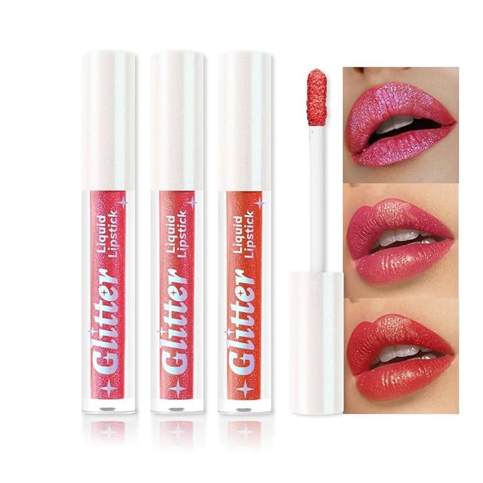 AMY'S DIARY 3Pcs Glitter Liquid Lipstick Set – Coral Pink, Metallic Red, Cherry Rose – Shimmer Metallic Lip Gloss, Long-Lasting Waterproof Lip Color, High Shine Sparkle Makeup for Women (Set B)