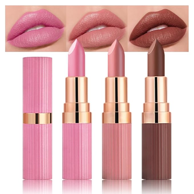 evpct 3Pcs Matte Creamy Lipsticks Set, Light Hot Nude Pink Brown Lip Stick Set for Women, Long Lasting Waterproof Velvet Lipsticks Blendable Silky, Longwear Lip Makeup Set 24 hours original labios 01
