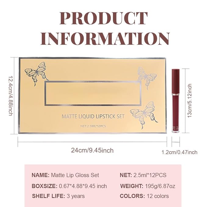 evpct 12Pcs Matte Liquid Lipstick Set, Plum Mauve Maroon Wine Burgundy Red Waterproof Long Lasting Lipstick for Women,Lip Stain Lip Gloss Set Lip kit, 24 Hours Original Smudge Proof labial