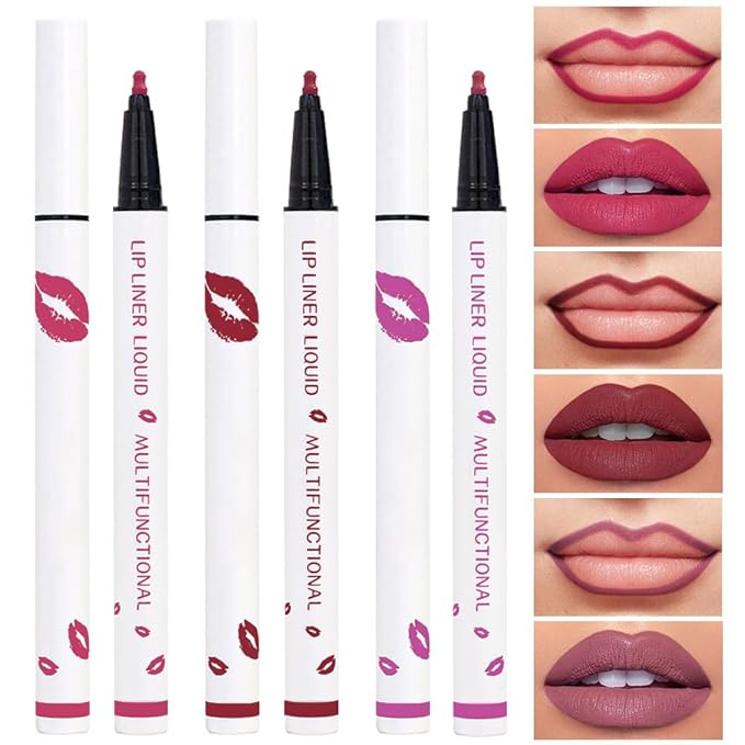Kaely 3Pcs Pink Cherry Red Orchid Longwear Liquid Lip Liner Waterproof, 24 Hour Long Lasting Lip Liner Stain Marker Pen, 2-in-1 Matte Semi Permanent Lipliner & Lipstick, 02+06+08