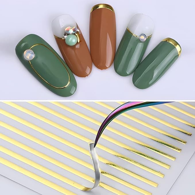12 Sheets Gold Line Nail Stickers Decals 3D Self Adhesive Nail Decals French Nail Art Sticker Gold Wave Stripe Nail Supplies Accessories for or Women Manicure Tip
