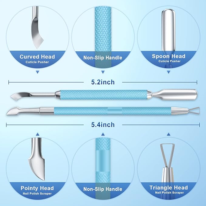 2PCS MetalTurquoise/Lake Blue Cuticle Pusher and Cutter Remover Salon Quality Stainless Steel Gel Nail Polish Peeler Scraper Durable Manicure and Pedicure Cleaner Tool For Fingernail and Toenail