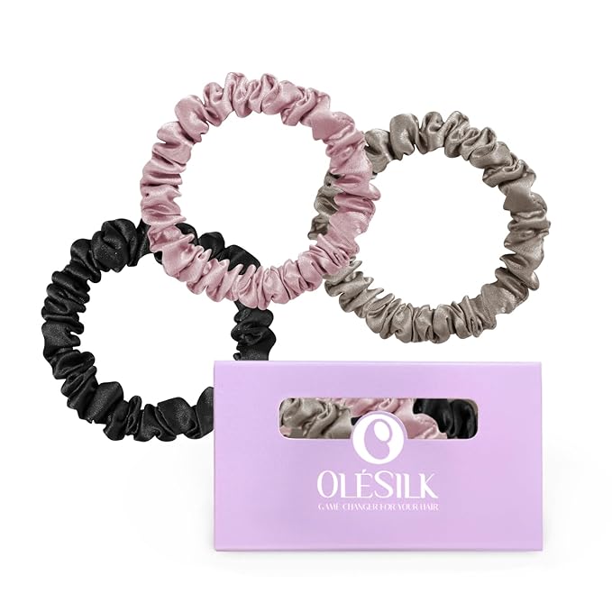 OLESILK Silk Hair Ties for Women: 100% Mulberry Skinny Silk Scrunchies, Soft Smooth No Damage No Crease for Thin Fine Curly Hair 3 Pack, Multi-1