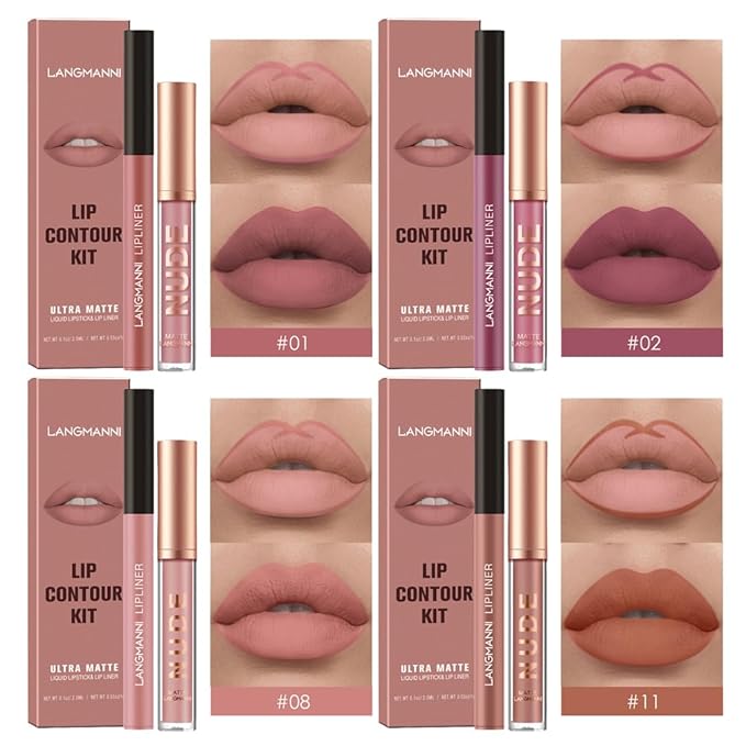 LANGMANNI 4pcs Matte Lipstick with Lipliners Durable Makeup Set,Long-Lasting Non-Stick Cup Not Fade Waterproof Pigmented Velvet Lipgloss Kit Beauty Cosmetics Makeup Gift for Girls(#1+2+8+11)