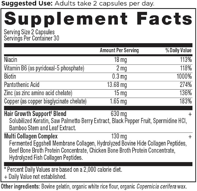 Ancient Nutrition Hair Growth + Collagen Supplement, Hydrolyzed Collagen Peptides, Clinically Studied Superfoods for Hair Growth Support, Thicker, Fuller Hair and Radiant Skin, 60 Count