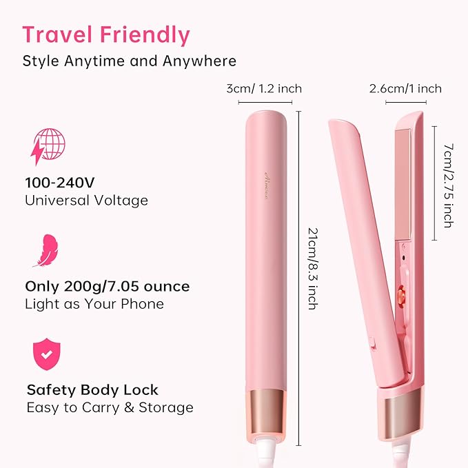 Mini Flat Iron 1 Inch Ceramic Mini Hair Straightener, Small Flat Irons for Short Hair, Curls Bangs, Dual Voltage for Travel,Dual Voltage for Worldwide Use, Pink