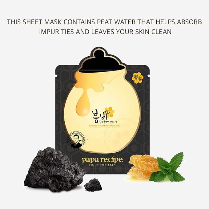 Papa Recipe Bombee Black Honey Mask 10 Pack – Charcoal & Propolis Sheet Mask for Pore Care and Hydration – Korean Skincare