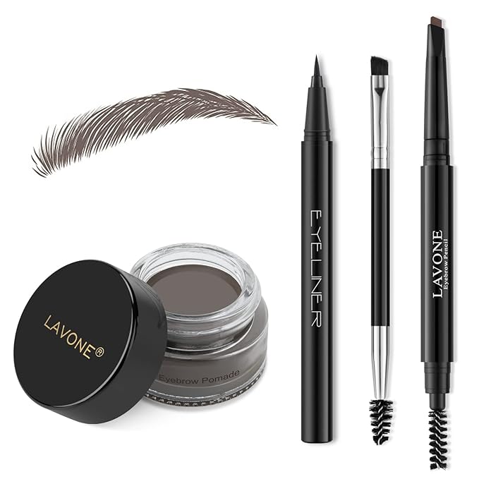 LAVONE Eyebrow Stamp Pencil Kit for Eyebrows, Makeup Brow Stamp Trio Kit with Waterproof Eyebrow Pencil, Eyeliner, Eyebrow Pomade, and Dual-ended Eyebrow Brush - Ebony