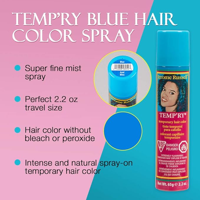 Jerome Russell Intense Blue Spray-On Hair Dye - Fast-Drying, Non-Sticky, Vivid Color for Travel, 2.2 oz