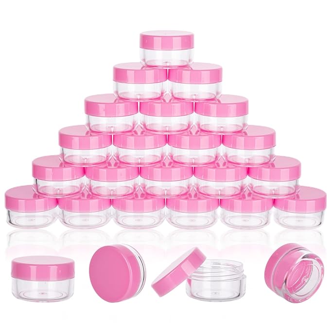 3 Gram Sample Jars with Lids, 25 Count Mini Cosmetic Containers - Makeup Travel Containers with Labels, Tiny Disposable Spatulas