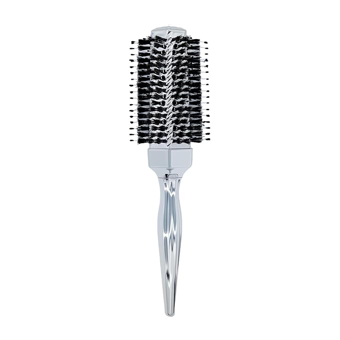 Round Hair Brush with Wild Boar Bristles – Specialized for Blowouts & Styling at Home or Salon, Suitable for All Hair Types.Silver