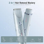 2-in-1 Bikini Trimmer and Shaver Kit for Women, Electric Body Hair Trimmer Facial Hair Removal Cordless Bikini Shaver Razor for Face Lip Chin Pubic Underarm Legs, Blue