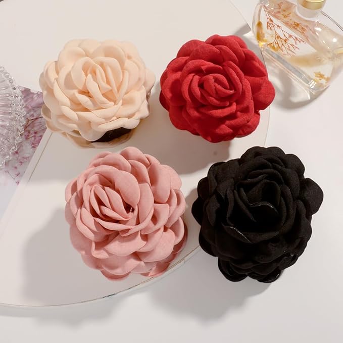 4pcs Handmade Fabric Rose Flower Hair Claw Clip for Women Girls, 3.94" Large Boho Hawaiian Floral Hairpins Barrettes for Thick Thin Hair Styling Accessories(Red Pink)