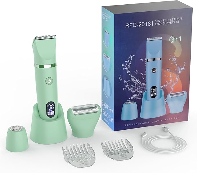 3-in-1 Electric Razor IPX7 Waterproof Bikini Trimmer Wet & Dry Use Painless Personal Trimmer Groomer for Ladies Face Body Legs Bikini Public Hairs Electric Lady Shaver with Replaceable Heads