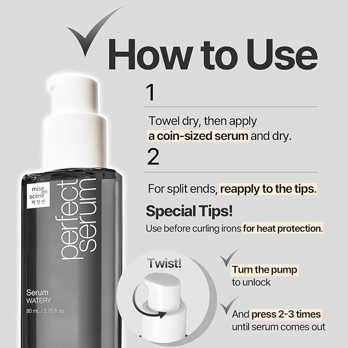 Mise En Scene Perfect Serum Watery - Moisturizing Hair Oil for Ligtweight & Dry | Low Porosity Hair Products | Long Lasting Hydrating | For Fine & Thin Hair, Oily Scalp | Citrus Scent, 2.70 fl. Oz