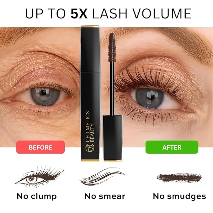 Cellmetics Mascara for Older Women 60 Plus, Volumizing & Lengthening Tubing Mascara with Lash Growth Effect, Hypoallergenic, Smudge-Free and Gentle for Sensitive Eyes (Brown)