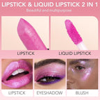 evpct 2 in 1 Hot Pink Glitter Metallic Shimmer Diamond Lipstick and Lip Gloss Set for Women Long Lasting Waterproof, Rose Pink Sparkle Glitter Shiny Lipstick and Lip Liner Makeup Set, 04#