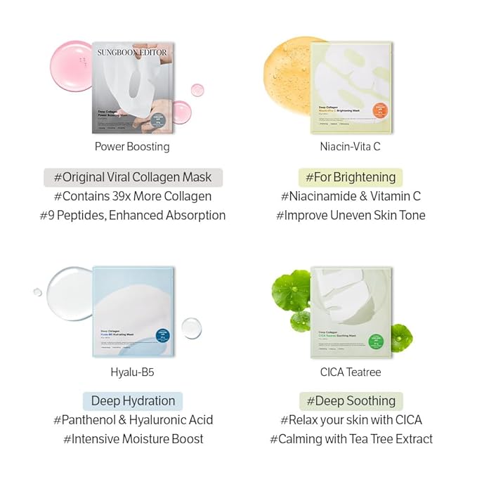 SUNGBOON EDITOR Deep Collagen Overnight Mask Hydrating Mask for Glass Skin, Wrinkle Care, Firming & Pore Refining 2,160,000PPB Collagen + 9 Peptides Stocking Stuffers for Women Korean Skincare, 4ea