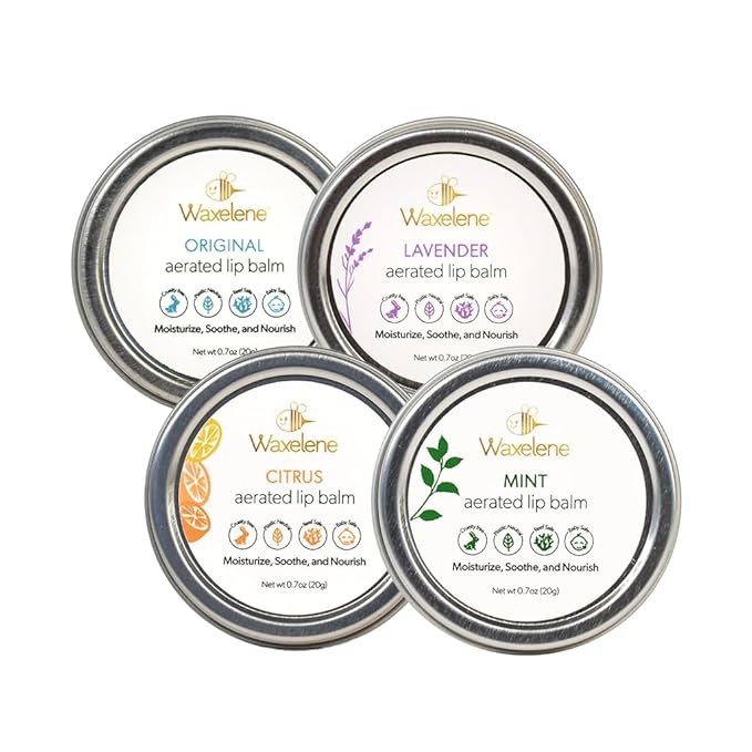 Waxelene Aerated Lip Balm Tin Combo Pack, 4 Piece, Best Lip Balm Ever Organic Multipurpose Ointment Baby Eczema Dry Sensitive Skin Chapped Lips salve