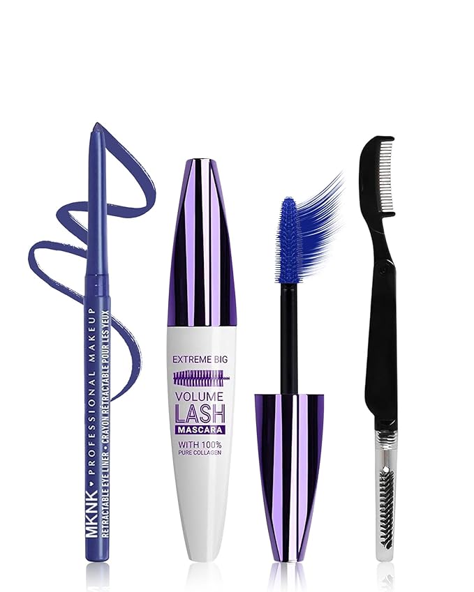 Blue Waterproof Colored Mascara&Eyeliner,5D Fiber Mascara for Eyelashes Volume and Length, Smudgeproof Color Waterline Gel Eye Liner Pen Lengthening Curling Máscara Women Party Stage Use Makeup Gift