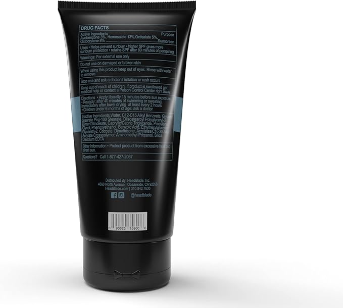 HeadBlade HeadLube SPF 50 Men's Lotion and Sunscreen - No Greasiness, Sweat Resistant, Formulated for Face, Body & Scalps - Water Resistant for 80 Minutes, 5 fl oz