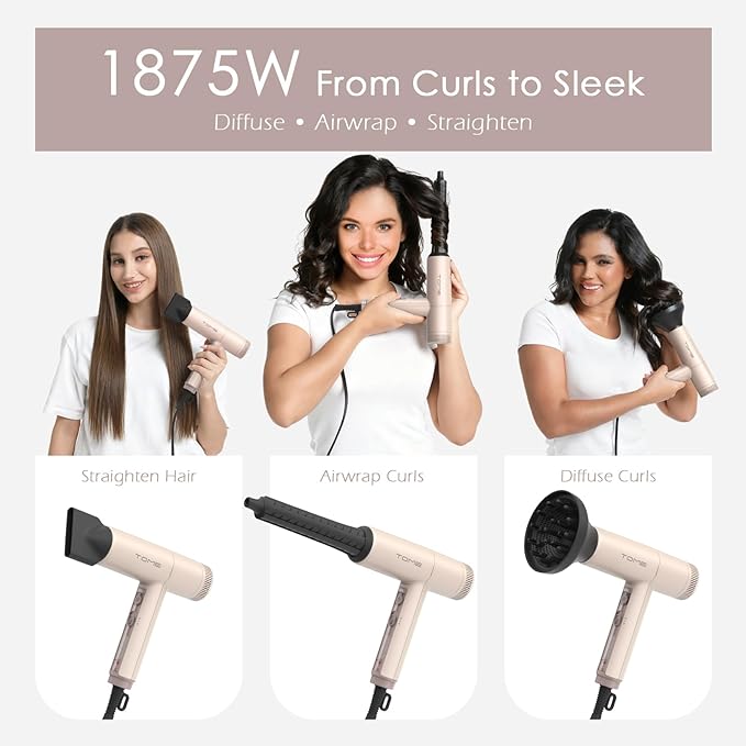 TOME Hair Dryer with Diffuser 1875W High Speed Blow Dryer Ionic 110000 RPM Cool Shot Lock 1 inch Air Curling Wands Nozzle Light Weight Pink