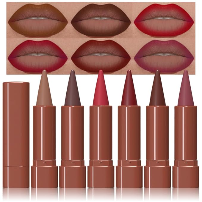 evpct 6Pcs Mauve Maroon Brown Ruby Plum Dark Red Gradient Matte Lip Liner Lipstick Combo Crayon Pencil Set for Women Long Lasting, Cream Lip Liner and Lipstick Combo Makeup Kit, Gradual Ombre Effect
