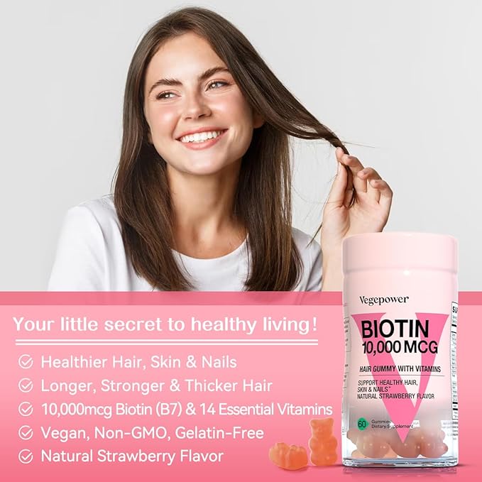 Biotin Gummies 10000mcg Supplements - with Vitamin C, A, D, B-Complex, Folate, Zinc for Women & Girls- Vegan Biotin Hair Growth Gummy for Healthy Hair and Nails, Non-GMO, Strawberry, 120 Bear