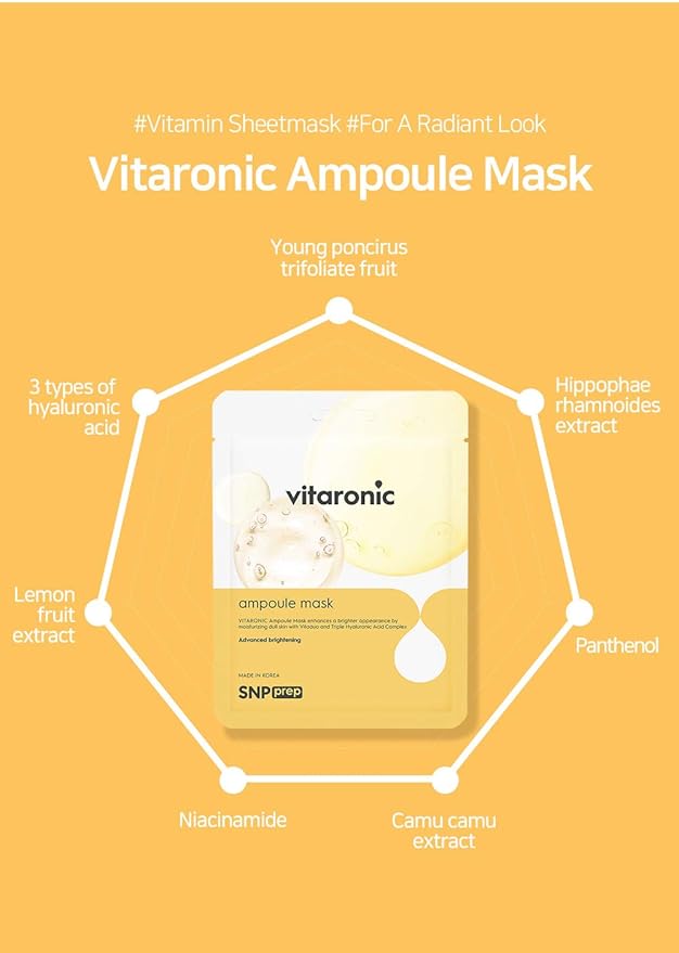 SNP Vitaronic Ampoule Sheet Mask | Nourishing, Moisturizing, and Refreshing for All Skin Types with Vitamin B, C, D, and E | Face Masks Skincare | Korean Skin Care Facial Mask | 10 Sheets