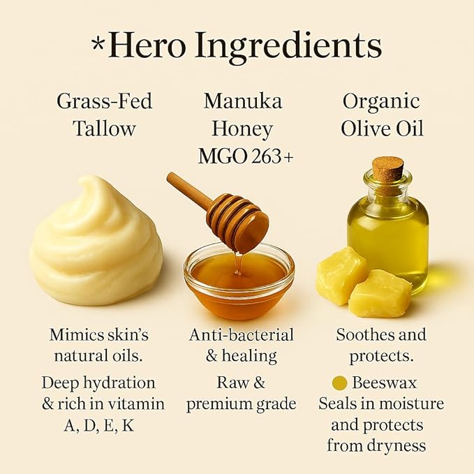100% Grass-Fed Beef Tallow Balm, Manuka Honey MGO263+, Organic Beeswax & Olive Oil, Beef Tallow for skin,Handmade Moisturizer for Dry Skin, Eczema Relief, & Healing Skin2oz, Orange
